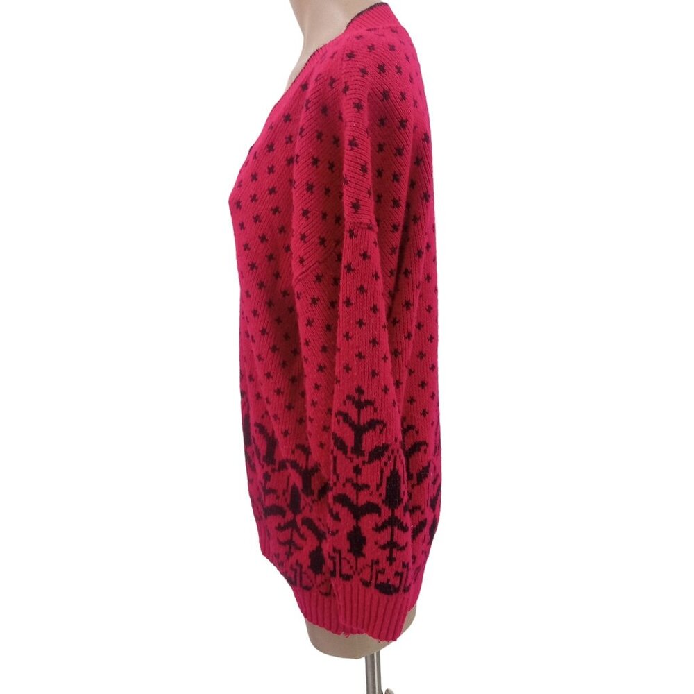 Vintage 80s Classic Essentials Pink Black Sweater Size 20 W Plus V Neck Bird Eye - Picture 4 of 7